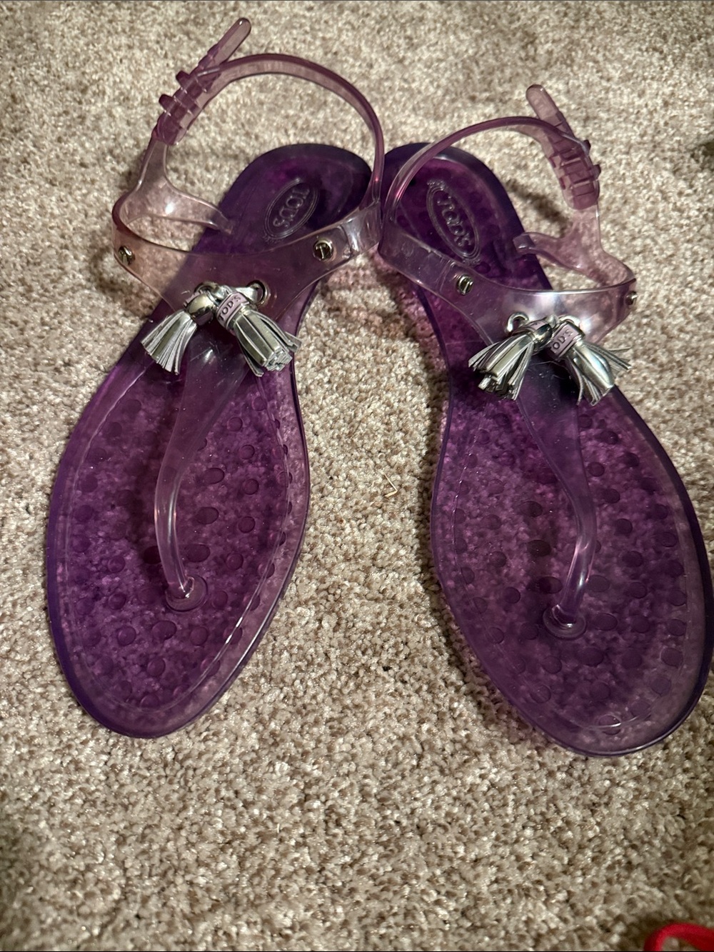 Tod's Transparent Purple Jelly Thong Sandals with Tassel Charm